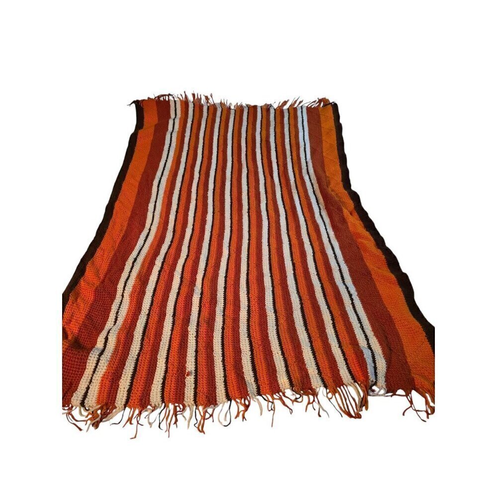 Vintage 70s Orange Sunset Striped Cozy Crochet Knit Afghan Blanket Throw